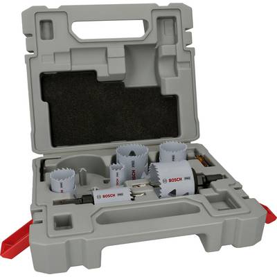Hole saw set in grey case with multiple saw attachments of varying sizes, Bosch brand, for drilling into materials.