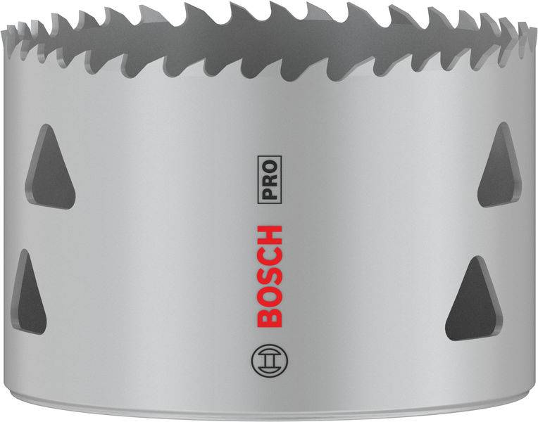 Metal saw crown by BOSCH, cylindrical in shape with sharp teeth around the edge. Silver design with red BOSCH logo visible.