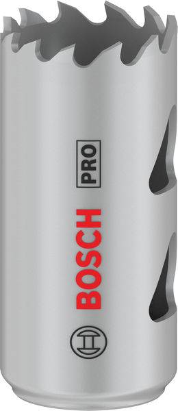 Silver-coloured hole saw attachment with prominent teeth and the red 'Bosch Pro' logo.