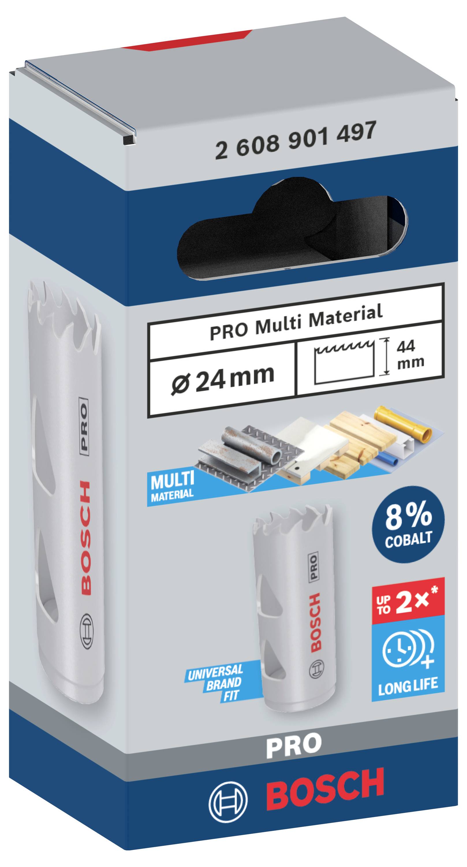 BOSCH Drill Crown Packaging. Text: 'PRO Multi Material', 'Ø 24 mm', '8% Cobalt', 'Up to 2x Longer Life'. Various drilling materials shown.