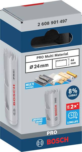 Packaging of a Bosch PRO Multi Material Hole Saw, Ø 24 mm, 8% Cobalt, suitable for various materials.