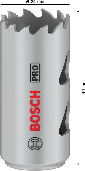 Metal drill crown 'BOSCH PRO' with Ø 24 mm and height 44 mm.