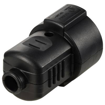 Black plastic housing of an electrical component with a rounded design and visible connections; commonly used for technical applications.