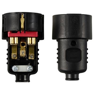 A black open and closed connector with visible metallic contacts and screws.