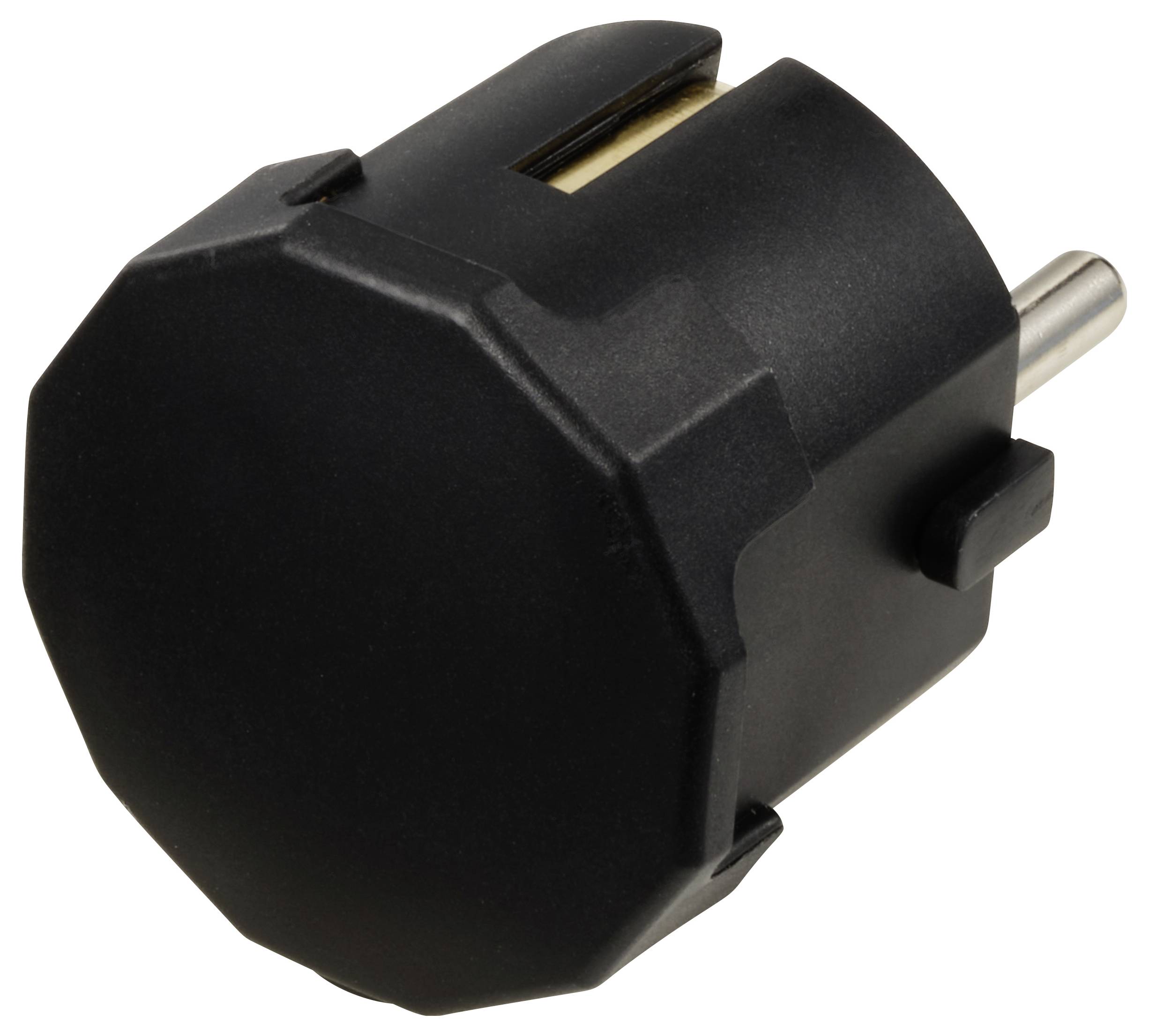 Black Euro plug adapter with two round pins, suitable for German power sockets.