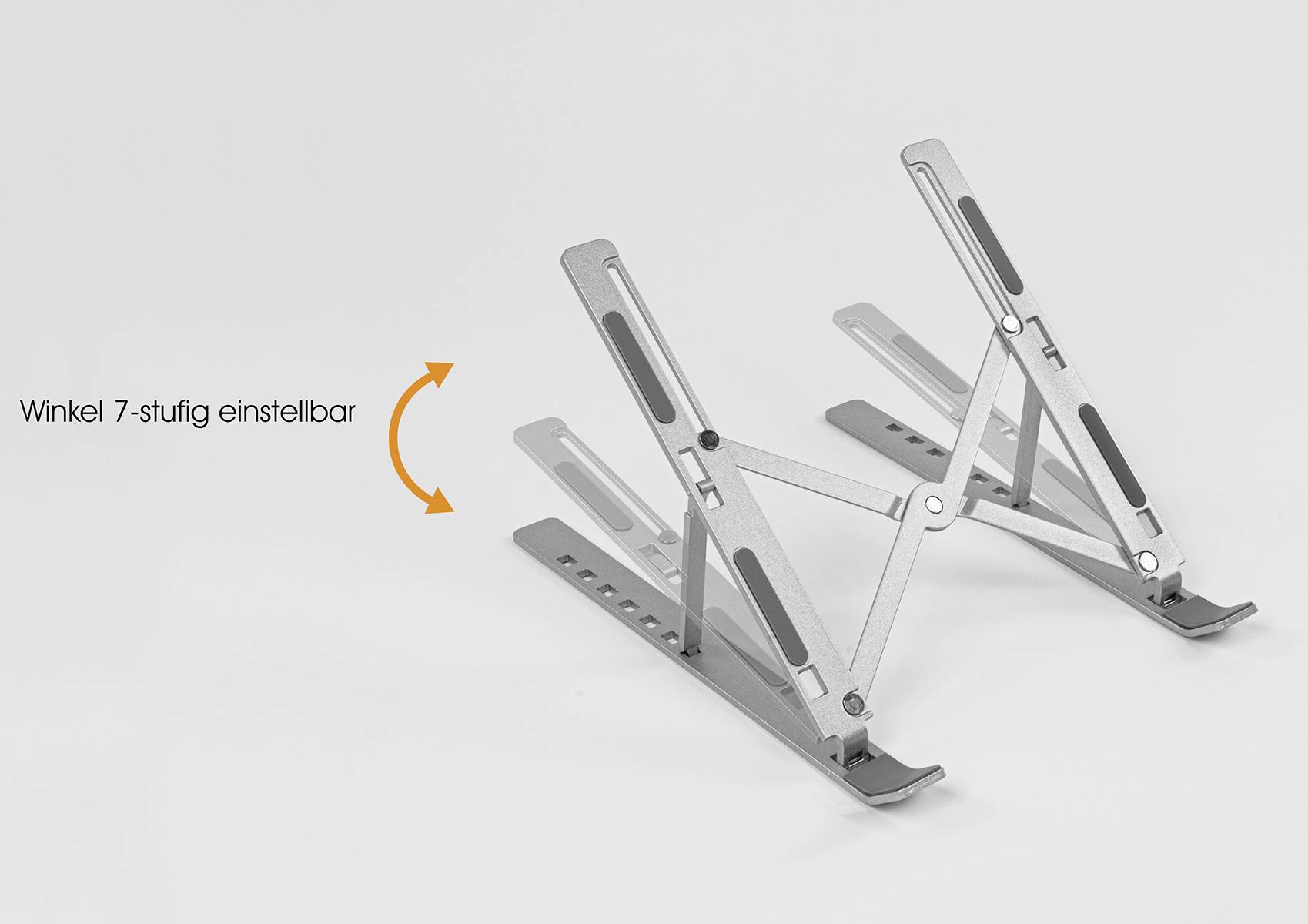 Laptop Stand in Silver with Adjustable Arms, Showing the Possibility of 7-Stage Angle Adjustment.
