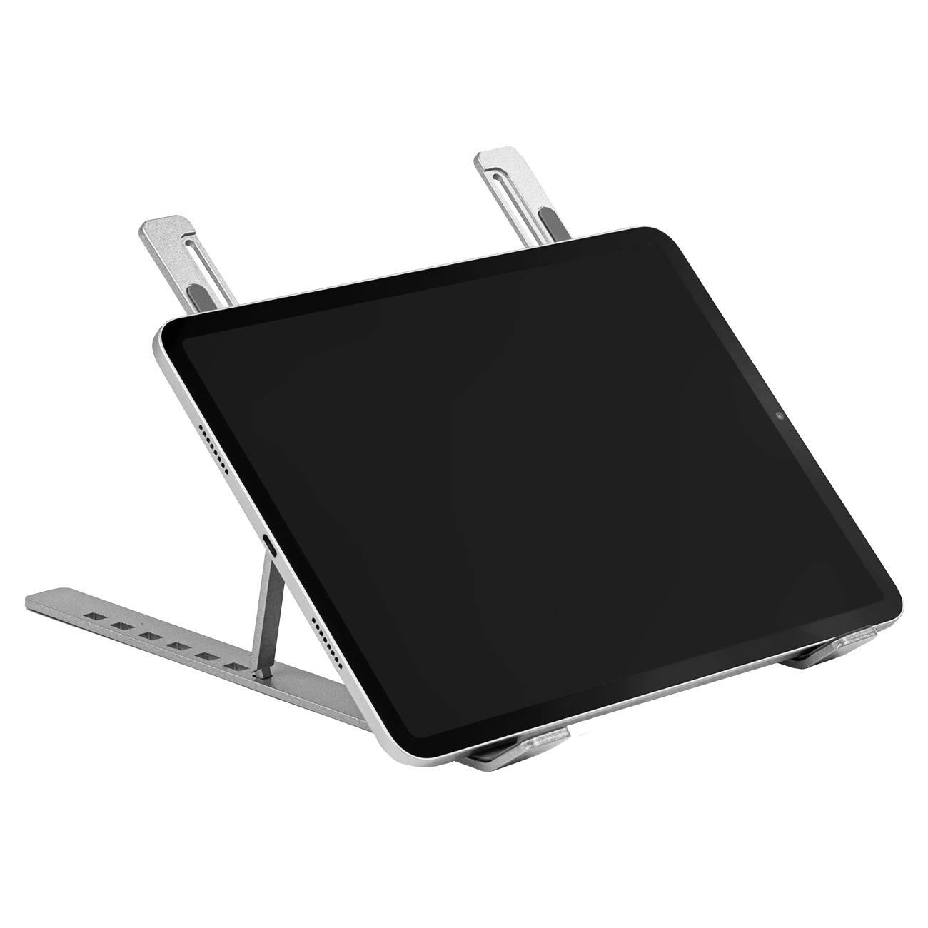 A tablet in an adjustable silver stand placed on a table. The stand has multiple angle settings.