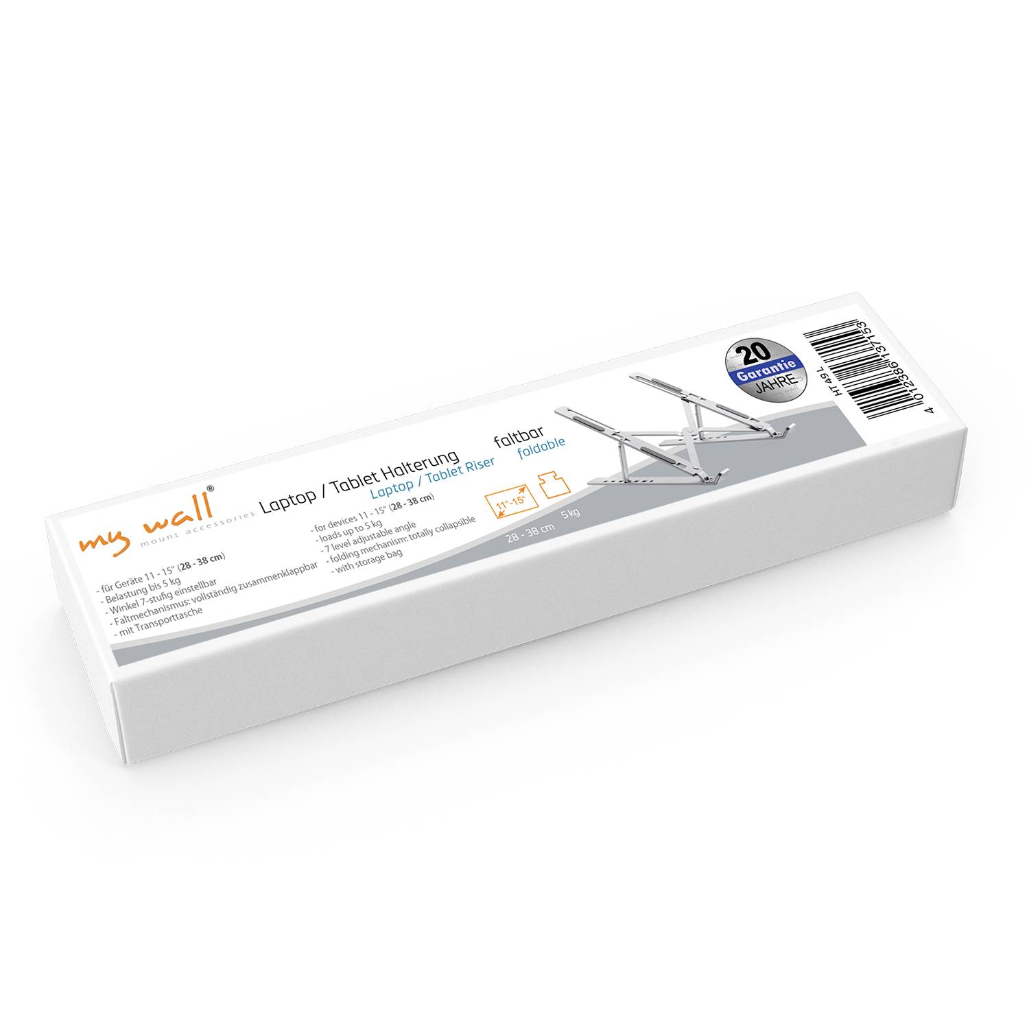 A white packaging for a foldable laptop/tablet stand. Contains an image of the product and text: 'my wall'. Suitable for 20 devices.