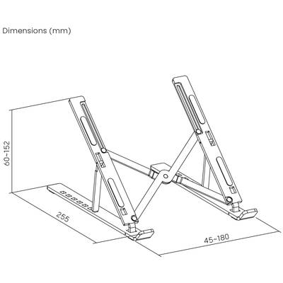 Drawing of a foldable laptop stand. Dimensions: Height 60–152 mm, Width 45–180 mm, Depth 255 mm. Main components and joints visible.