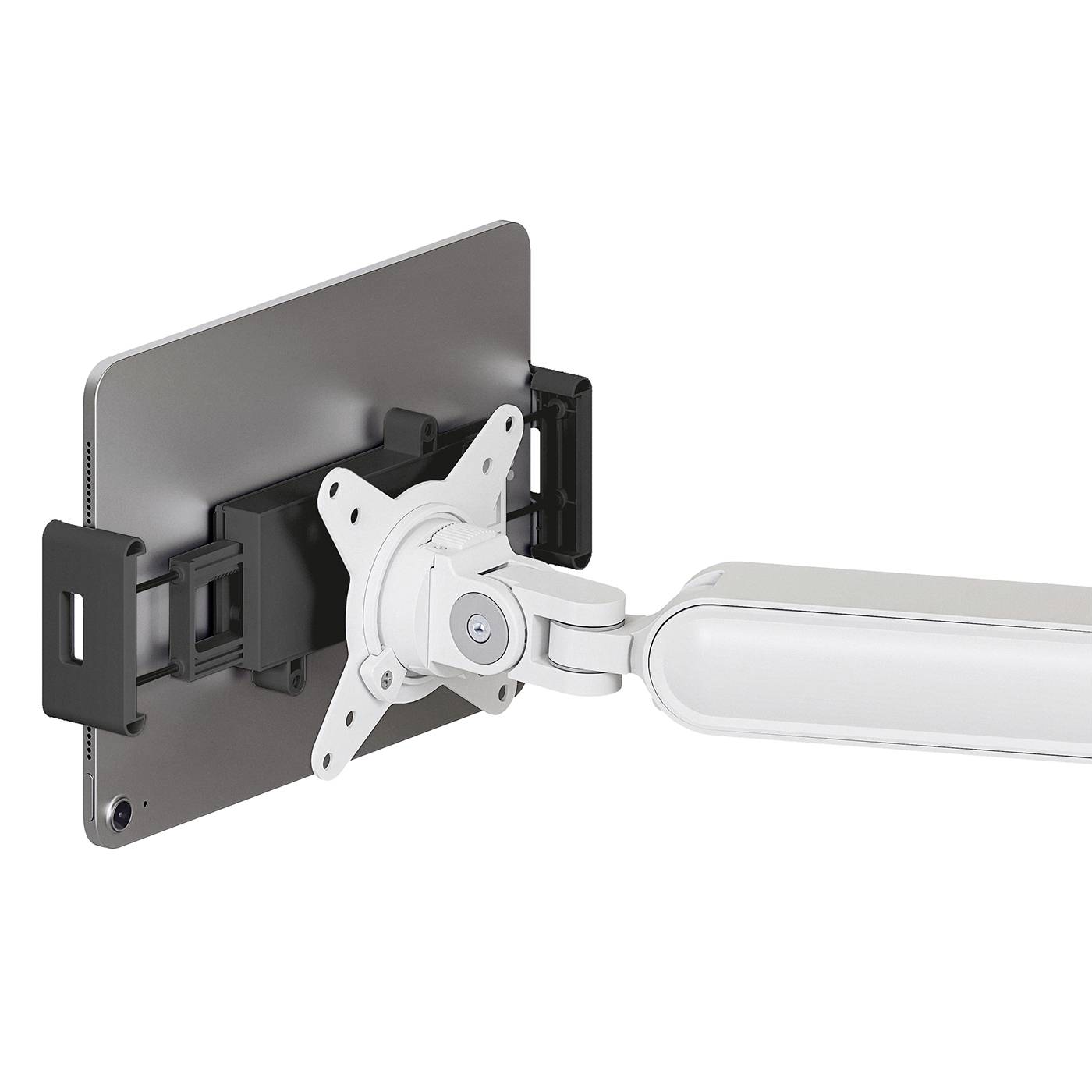 Monitor arm with an attached mount on a tablet, enabling flexible positioning.<br><br>Monitor arm with a mount affixed to a tablet, allowing flexible positioning.