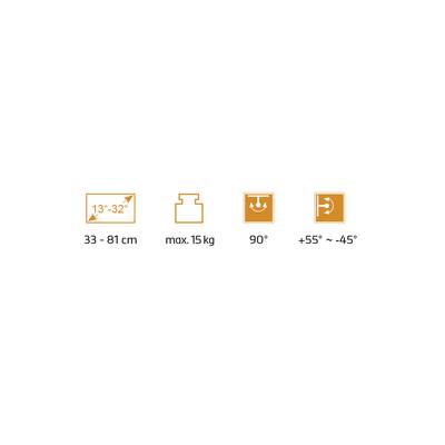 Symbols indicate adjustable screen size (13"-32"), maximum load capacity (15 kg), tilt angle (90°) and swivel angle (+55° to -45°).