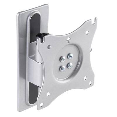 'Silver monitor mount with VESA compatibility for wall mounting, allowing tilting and swivelling for flexible viewing angles.'