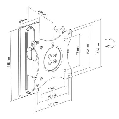 'Schematic drawing of an adjustable TV mount. Dimensions: 168mm high, 62mm wide. Tilt angle: ±45°. Rotatable by ±55°.'