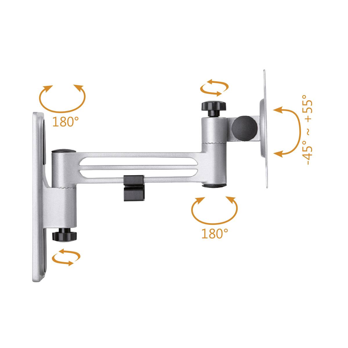 Wall mount for television or monitor. Swivels 180 degrees, tilts from -45 to +55 degrees. Highly flexible design.