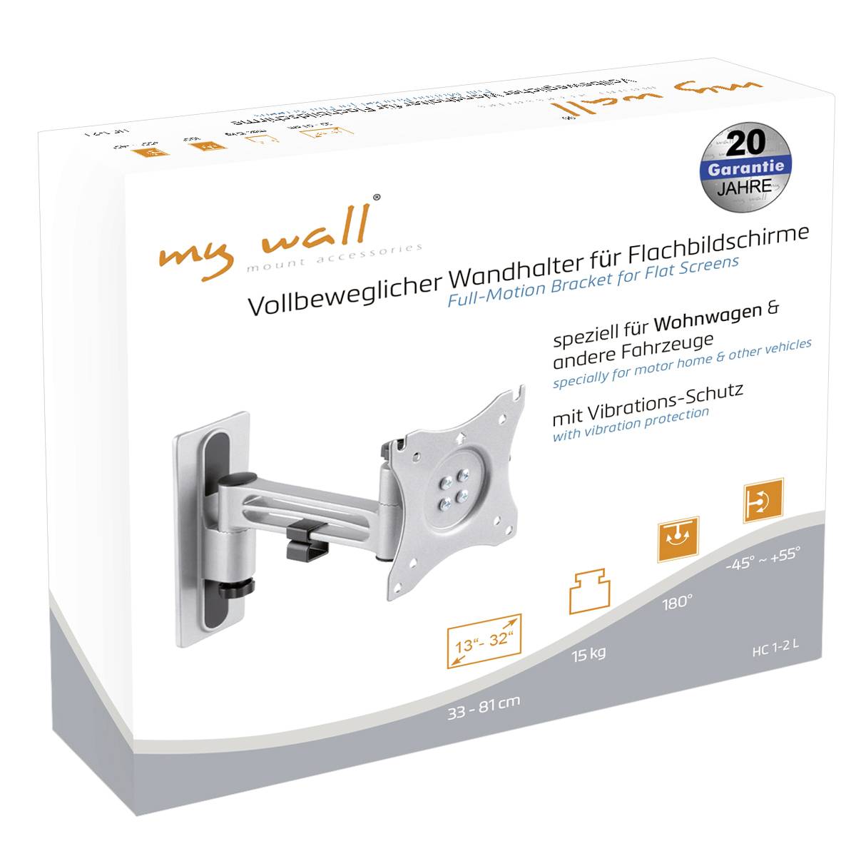 Fully articulating wall mount for flat screens, 13"-32", specifically designed for caravans, with vibration protection, 20-year guarantee.