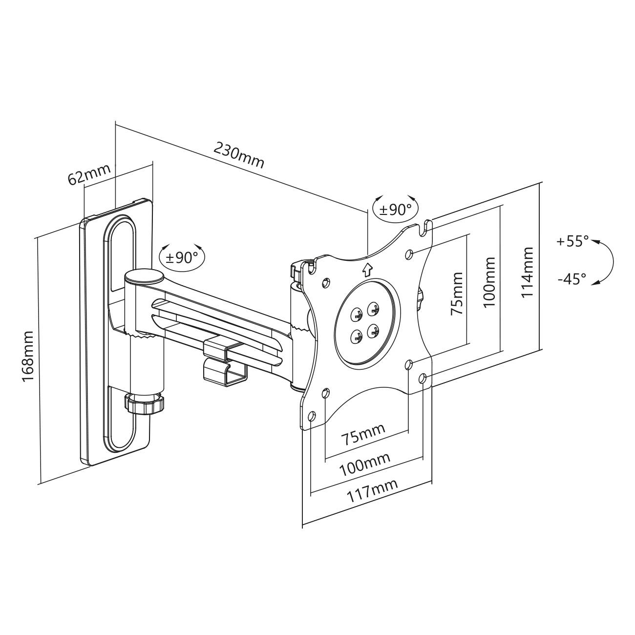 Diagram of a swivel monitor mount with dimensions: 230 mm arm length, rotation angle ±90°, tilt angle +55°/-45°.