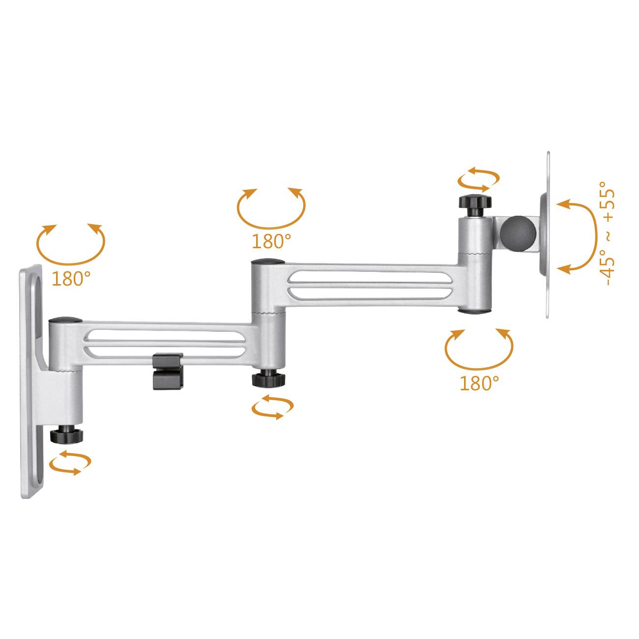 Adjustable monitor arm in silver metal with multiple rotation points, allowing flexible positioning of the screen.