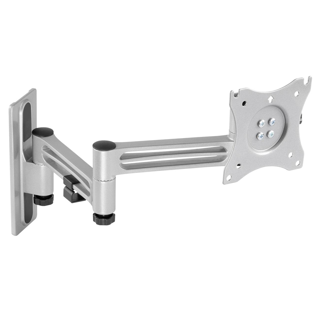 Silver monitor mount with adjustable arm, wall-mounted, suitable for screens up to 27 inches.