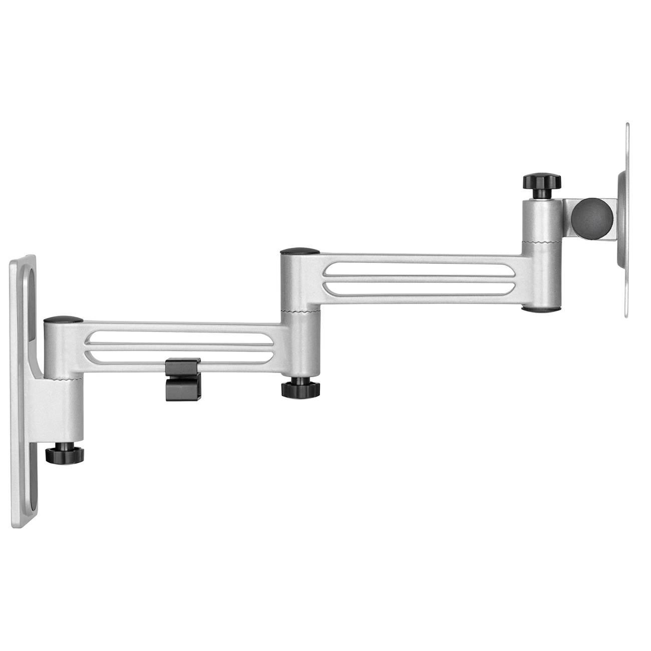 Wall mount in silver with adjustable arms for securing and positioning a monitor on the wall.