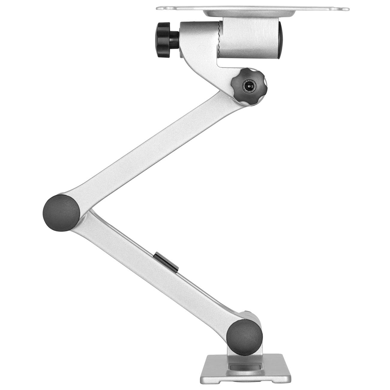 Silver, adjustable monitor arm with multiple joints for flexible screen positioning on a desk.