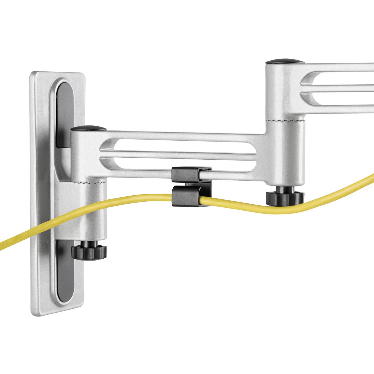 A metal arm with joints for wall mounting a screen. A yellow cable runs through the mounting bracket.