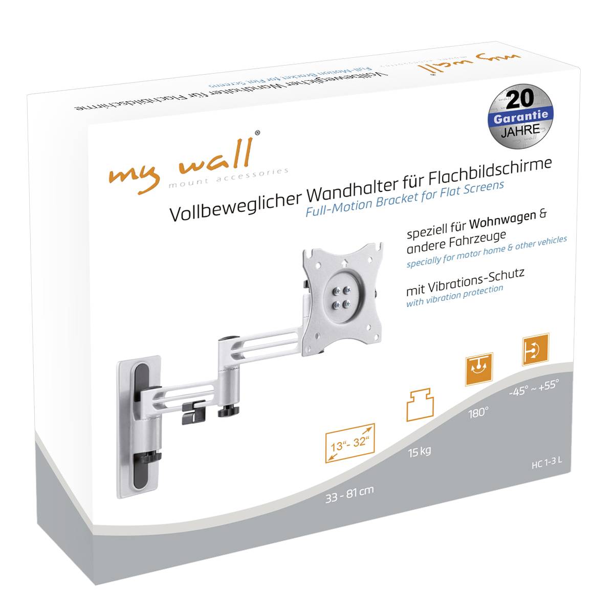 Fully articulating wall mount for flat screens, suitable for 13"-32" displays, specifically designed for caravans. With vibration protection.