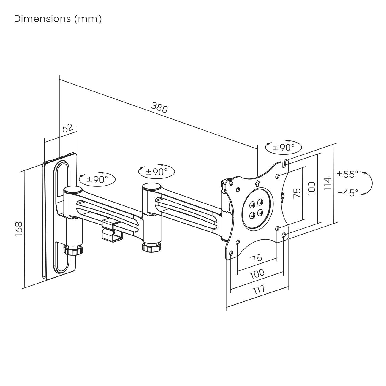 Assembly Instructions for a Monitor Arm with Dimensions in Millimetres. Shows Pivoting and Tilting Joints as well as Mounting Points.