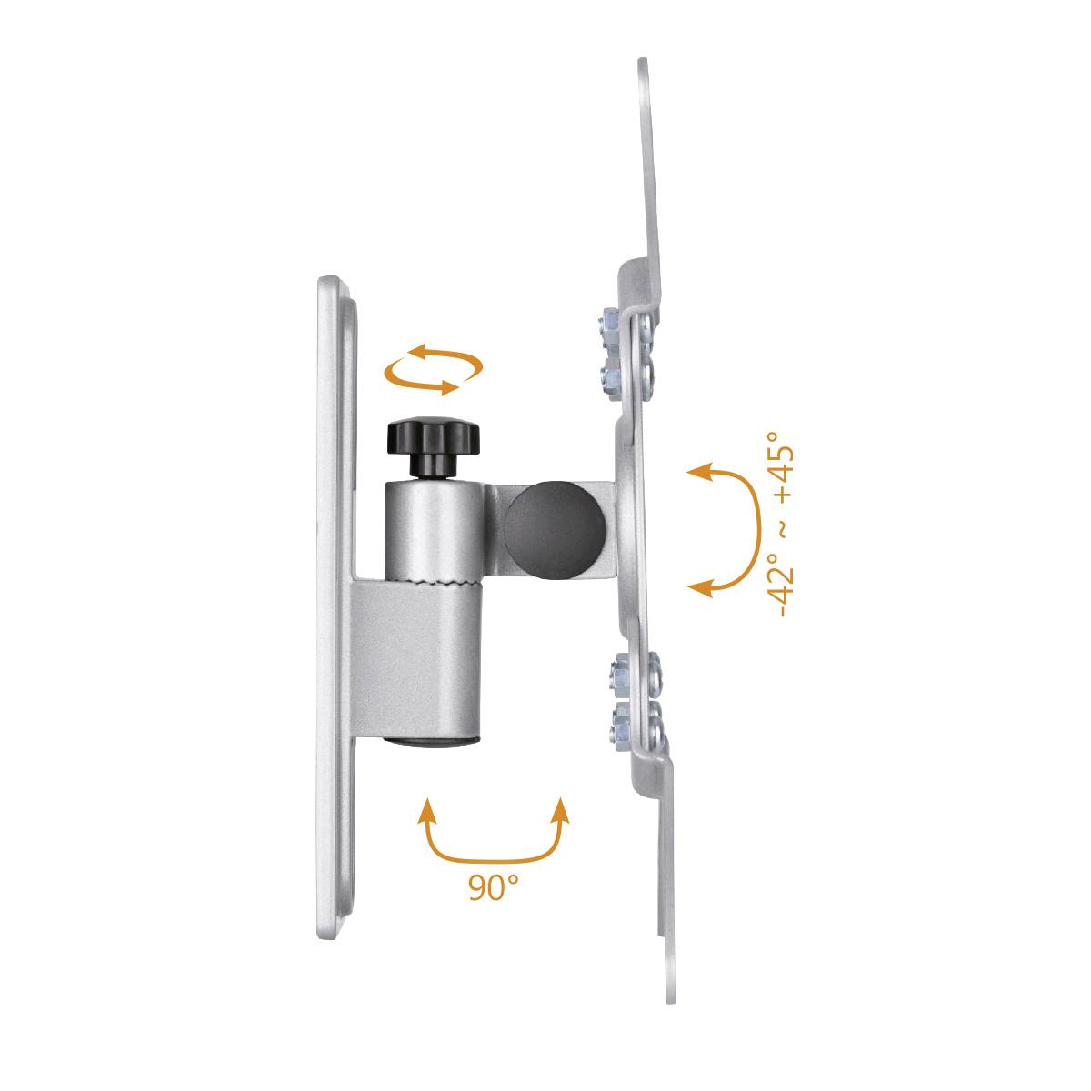 Side view of a silver monitor mount shows rotation (90°) and tilt angles (-42 to +45°) with arrows and scales.