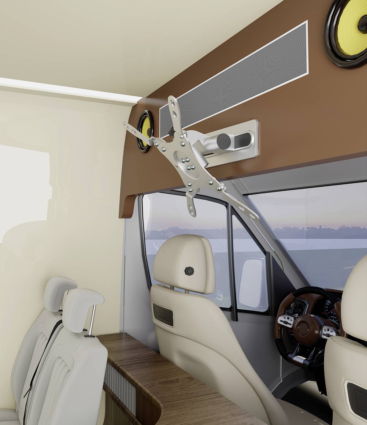 Interior view of a campervan with stylish, beige seats and a wooden dashboard. Through the windows in the background, a sea view is visible.