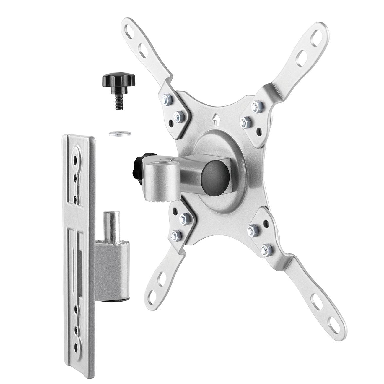 A silver monitor arm with an adjustable arm; shows mounting screws, wall plate, and joint for flexible screen positioning.