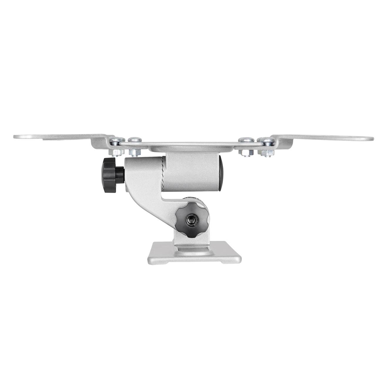 Silver speaker mounting bracket, side view. Screws and adjustment mechanism visible, robust base.