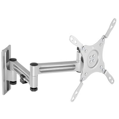 A silver, adjustable monitor wall mount with a pivoting arm and a VESA-compatible mounting plate.