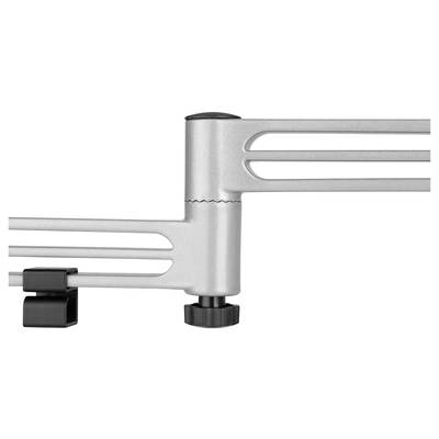 An adjustable, silver metal arm, presumably part of a mounting system, with a rotary knob and clamp for attachment.