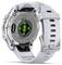 White, robust smartwatch with silver back and green sensors, fitted with white strap and metal buckle.