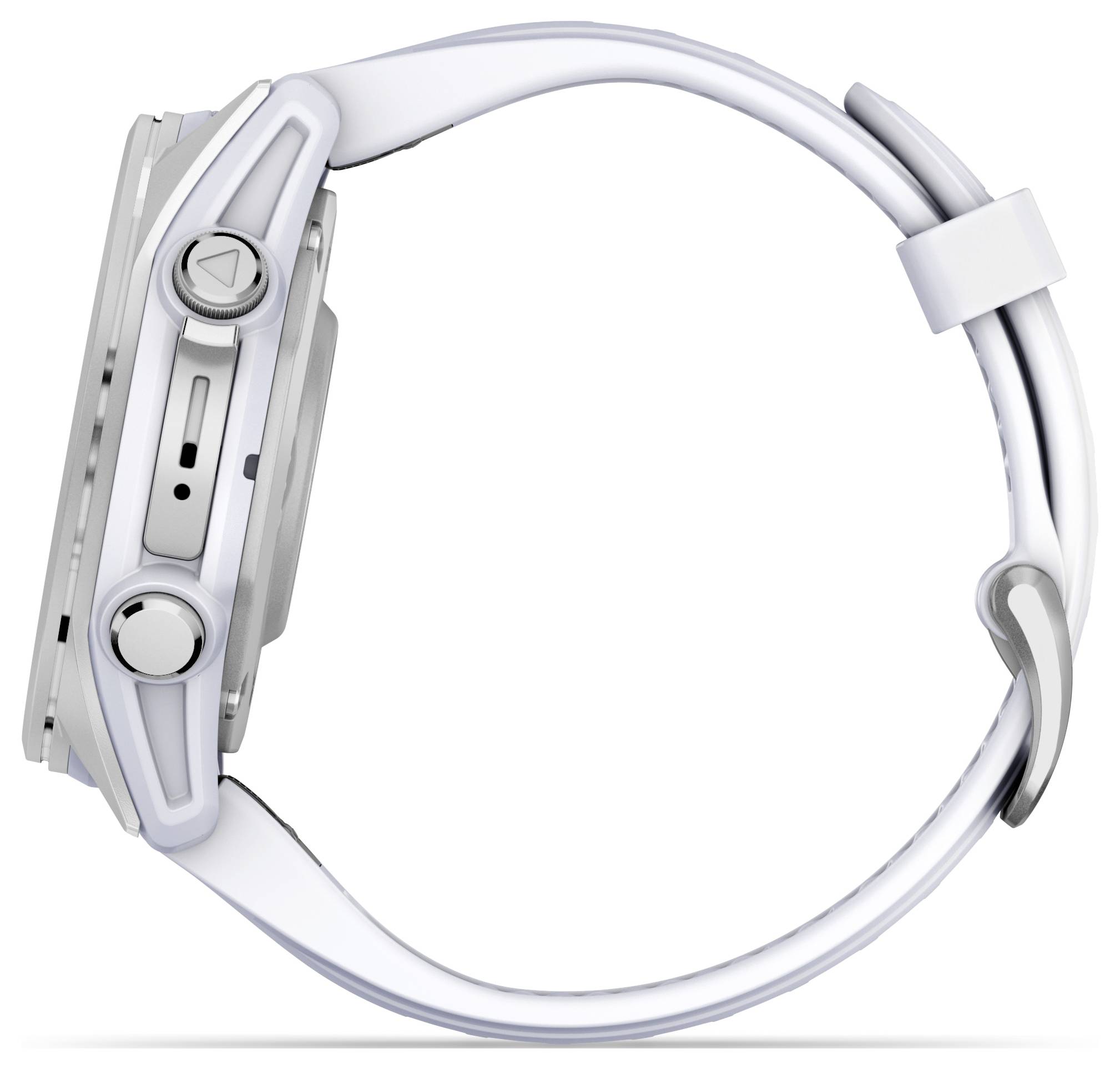 A silver wristwatch with a white strap, side view. Showing details of the buttons and case shape.