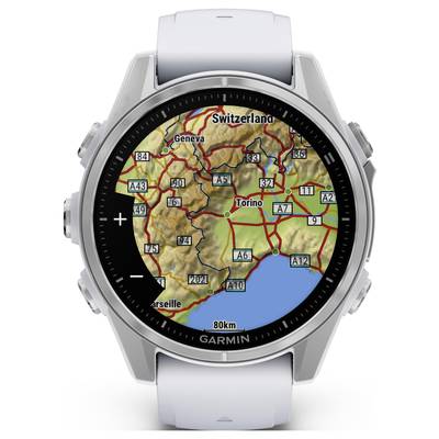 A smartwatch displays a map showing roads and cities in the region around Turin, including parts of Switzerland and Italy, to help with navigation.