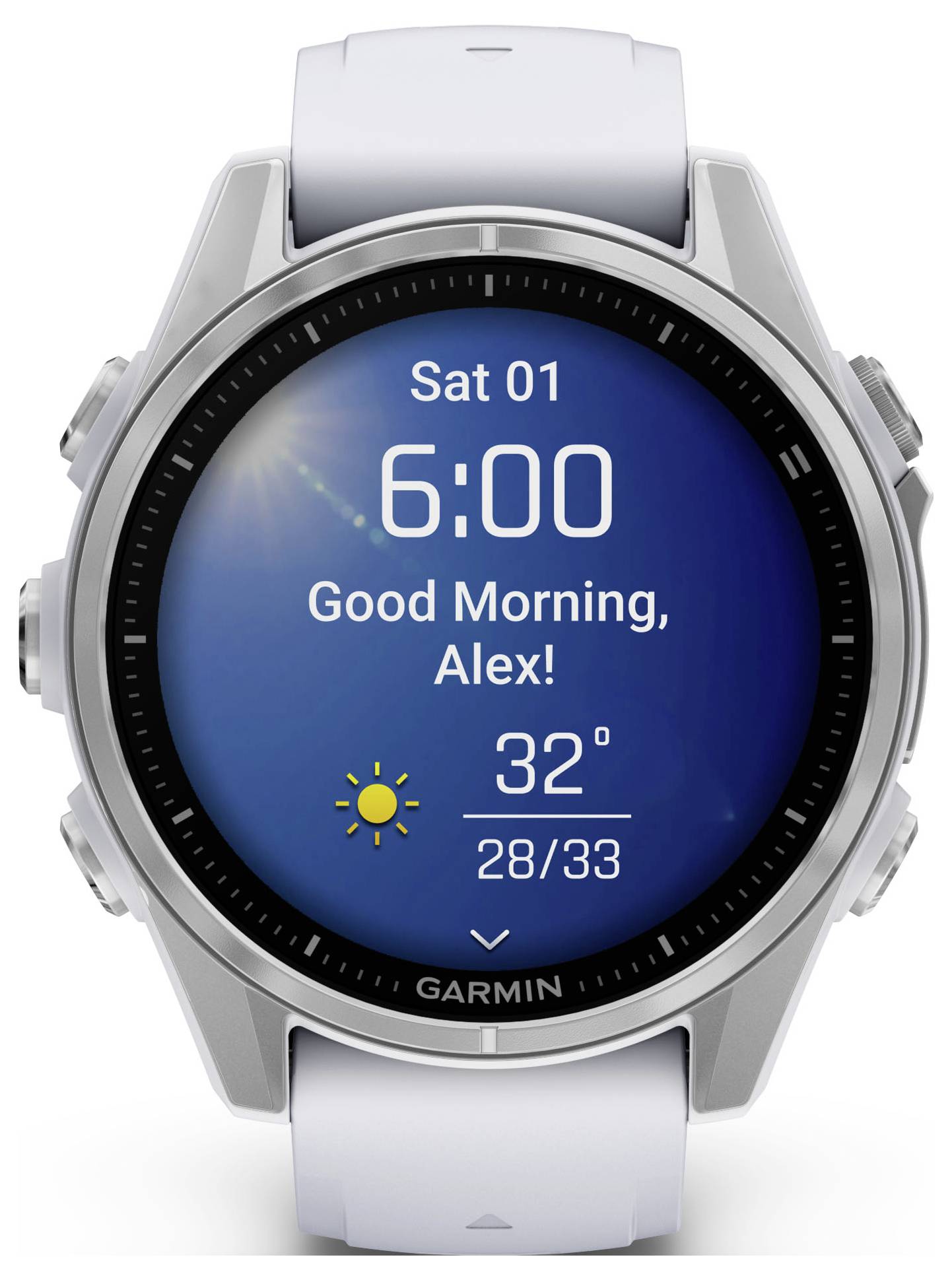 A smartwatch displays 'Sat 01', '6:00', 'Good Morning, Alex!', and weather information: 32 degrees, maximum 33, minimum 28.