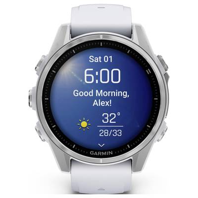 A smartwatch displays 'Sat 01', '6:00', 'Good Morning, Alex!', and weather information: 32 degrees, maximum 33, minimum 28.