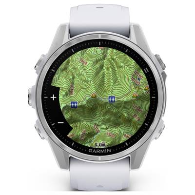 Smartwatch displaying a topographical map on the screen, showing contour lines, waypoints, and orientation symbols for hiking.
