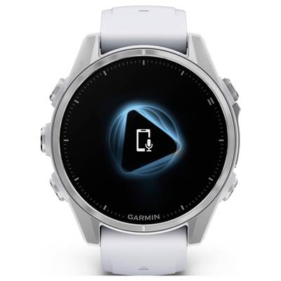 A digital smartwatch with a round display shows a voice recognition symbol and a smartphone, representing a connection.