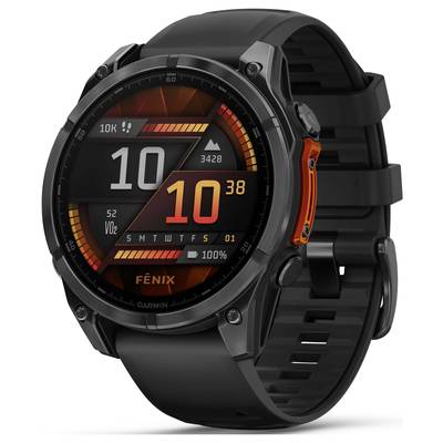 Black smartwatch with a round display, showing steps, heart rate, VO2 max, and date. Top-down view with an orange accent.