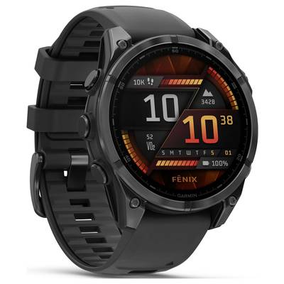 A black smartwatch with a round dial displays fitness tracker data, including steps, time and heart rate.