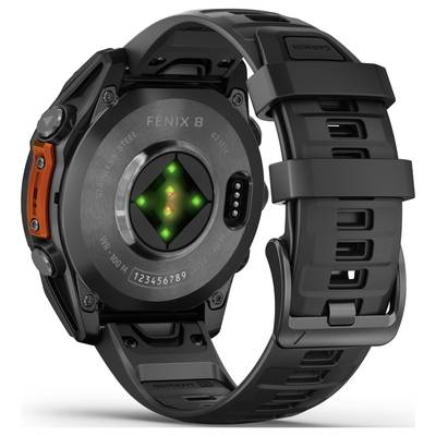A smartwatch with a circular back, black strap and orange button. Displays green LEDs and a heart rate sensor.
