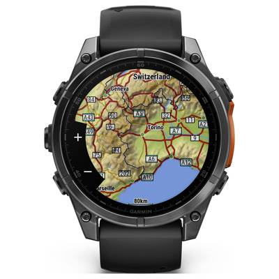 Smartwatch displays a map showing roads in northern Italy and parts of Switzerland. Major cities such as Turin, Geneva and Bern are marked.