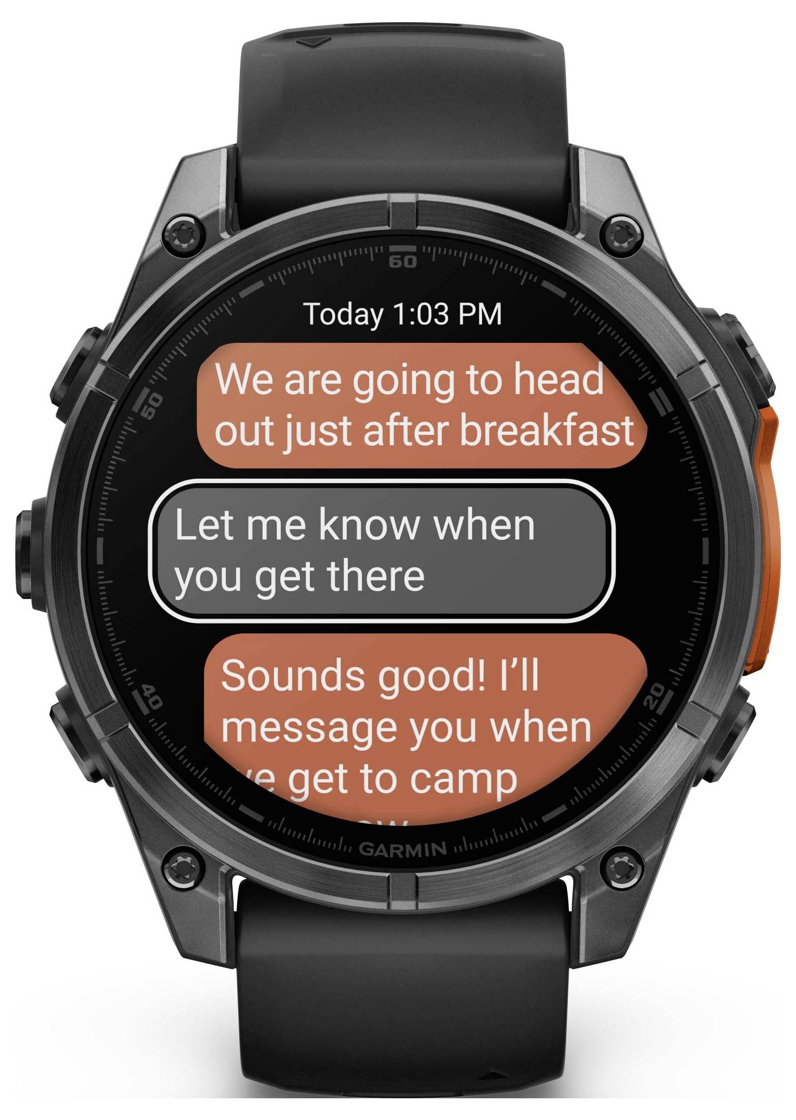 Smartwatch with message display. Two people chatting: 'We'll head off after breakfast.' 'Let me know when you arrive.'