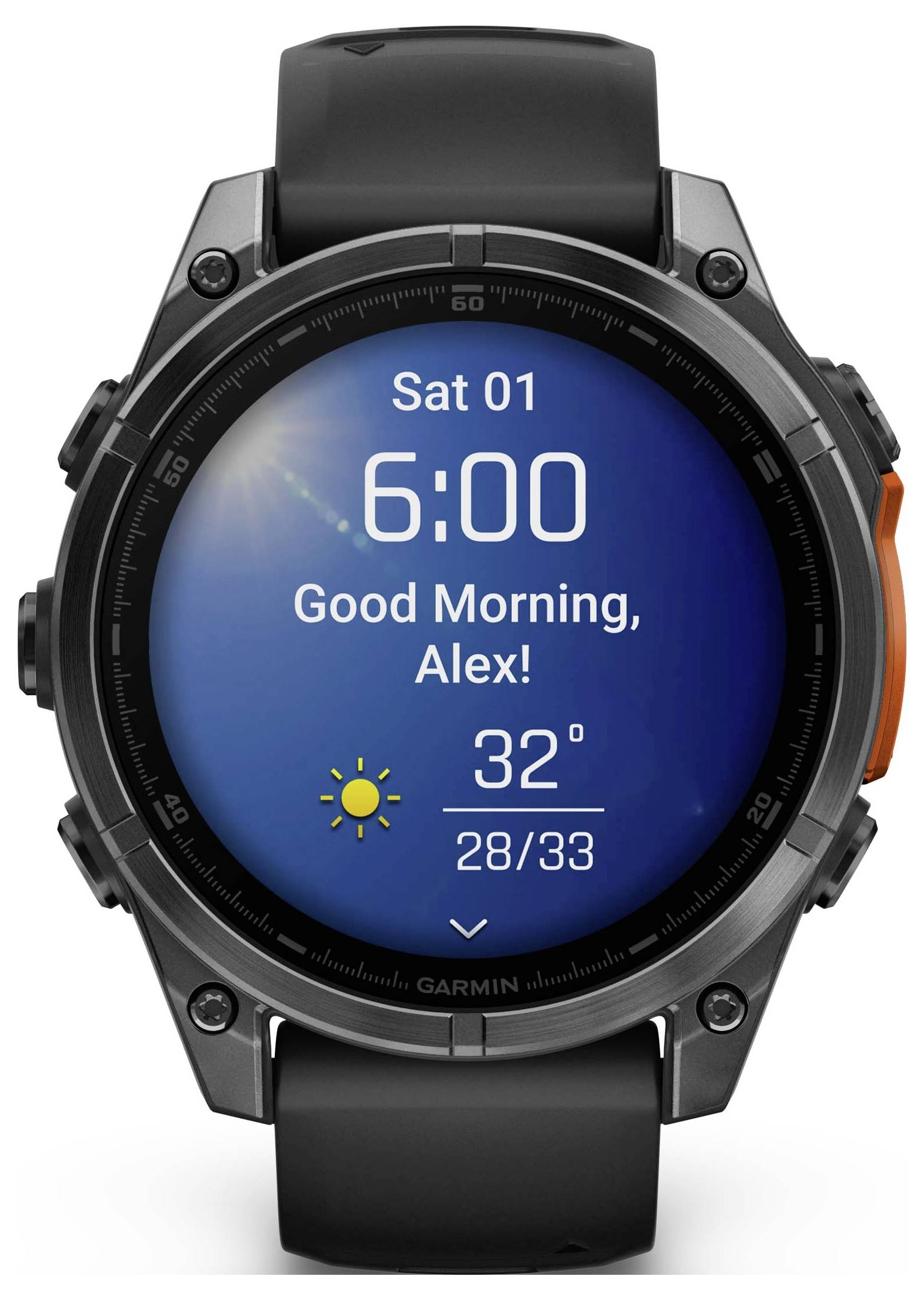 A smartwatch display shows '6:00', with a greeting 'Good morning, Alex!', underneath a weather forecast with a sun symbol, 32 degrees.