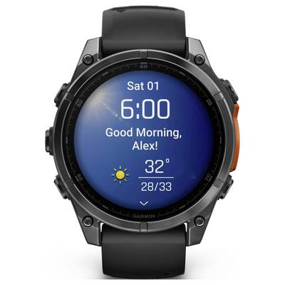 A smartwatch display shows '6:00', with a greeting 'Good morning, Alex!', underneath a weather forecast with a sun symbol, 32 degrees.