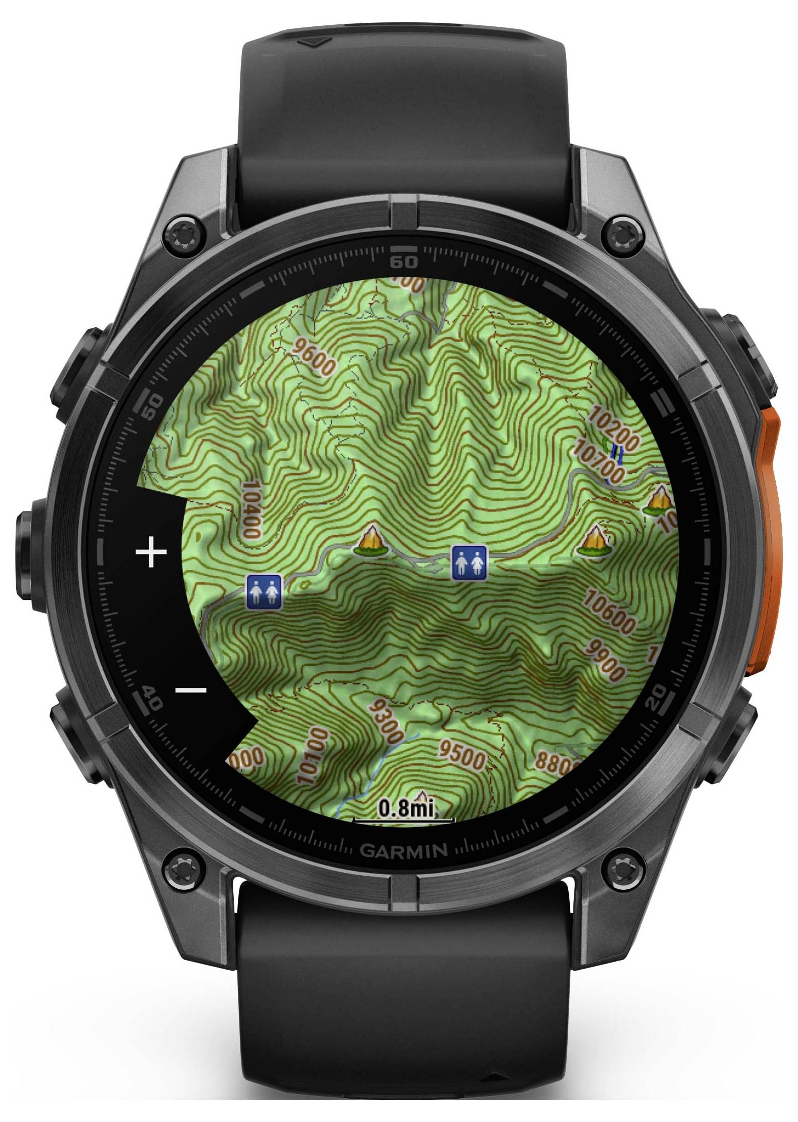 A GPS watch displays a topographical map with contour lines, distance markers, and symbols for hiking trails and warnings.