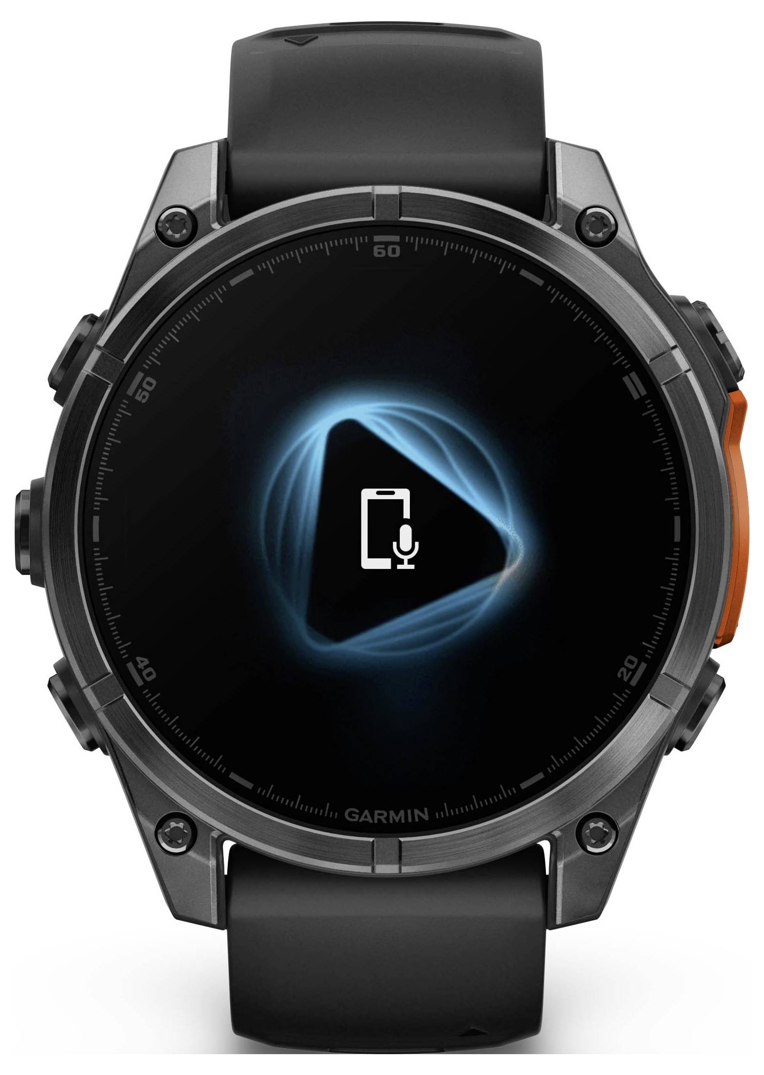 A black smartwatch with a round display shows a symbol with a microphone inside a triangle, indicating voice assistance.