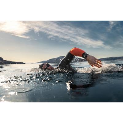 A person is swimming in a wetsuit in a calm body of water, surrounded by mountains and a clear sky.